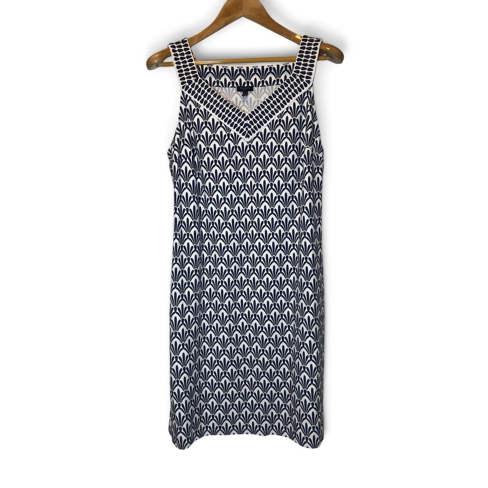 Talbots Petite L Navy White Geometric V Neck Sleeveless Travel Dress Stretch